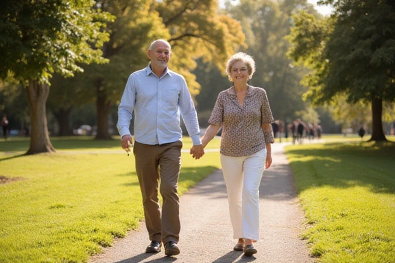 Coppia di anziani che passeggia mano nella mano in un parco