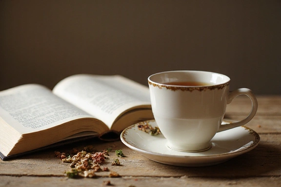 Tazza di tisana calda e libro aperto su un tavolo accogliente