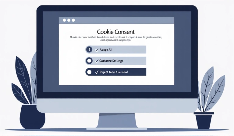 Illustrazione di un banner di consenso ai cookie su uno schermo di computer, con opzioni di accettazione e personalizzazione