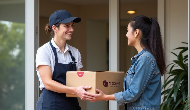 Corriere che consegna un pacco Laziora a un cliente sorridente