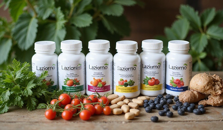Flaconi di integratori Laziora su un tavolo con ingredienti naturali come erbe e frutti