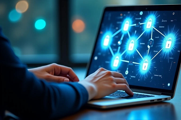Persona che usa un computer con icone di sicurezza informatica